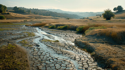 A parched riverbed, with only a small stream left, showing the effects of drought and water scarcity on the land and its ecosystem, highlighting the urgent need for climate adaptation.