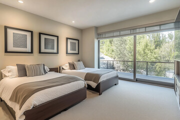 Twin beds in a modern bedroom with large windows. Minimalist elegance in a contemporary home.