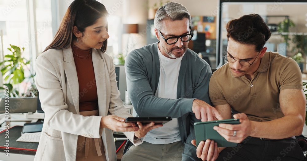 Aufkleber Programmers, people and tablet in office for advice, help and problem solving in code. Programming team, tech and man pointing in agency with collaboration, project management or software development