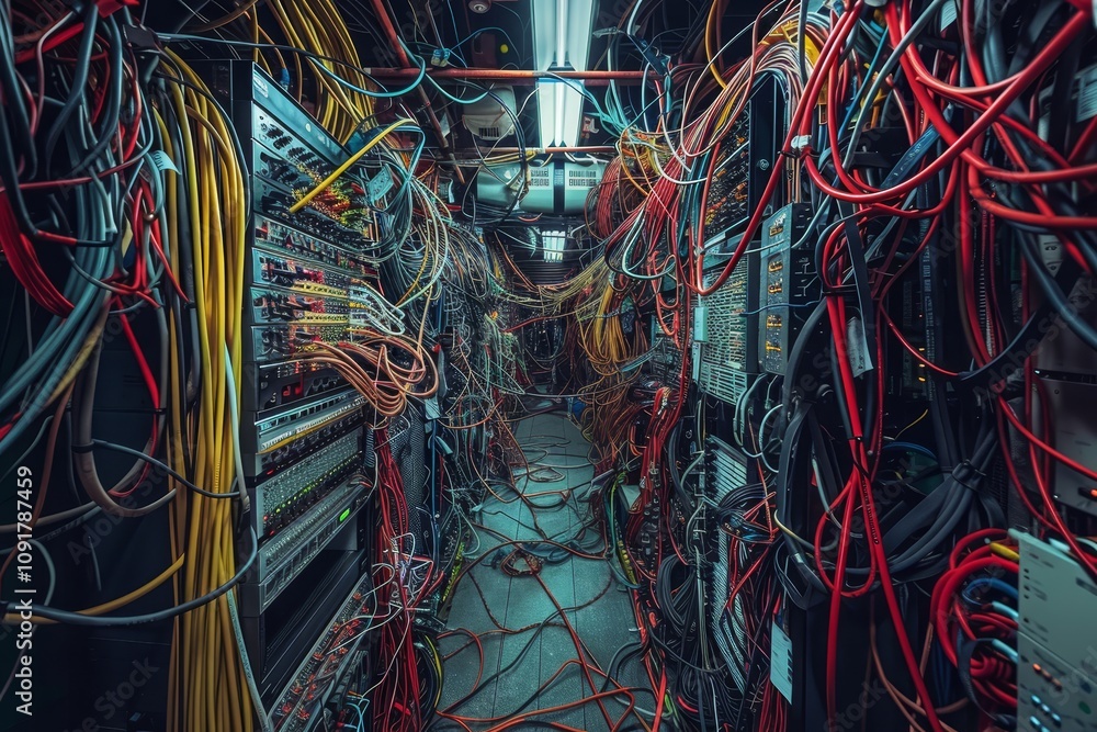 Poster the view reveals a chaotic setting where numerous tangled wires and cables run between shelves lined