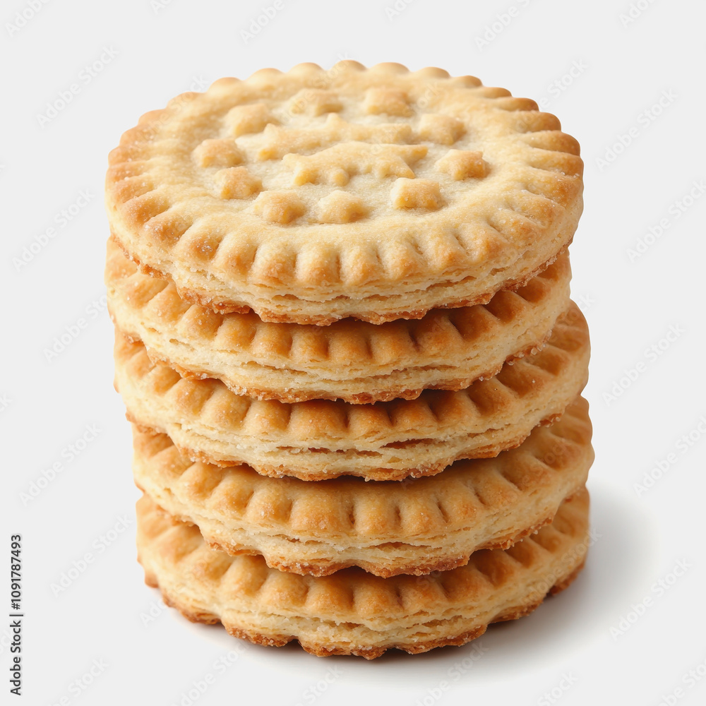 Poster stacked golden cookies with decorative edges perfect for snack time or dessert display in a clean an