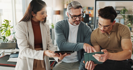 Programmers, people and tablet in office for advice, help and problem solving in code. Programming team, tech and man pointing in agency with collaboration, project management or software development