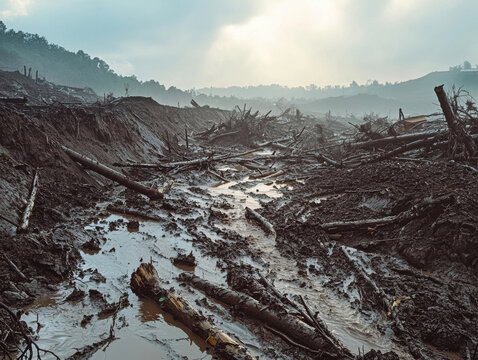 Desolate landscape of a destroyed forest, muddy ground under a cloudy sky, evoking environmental loss.