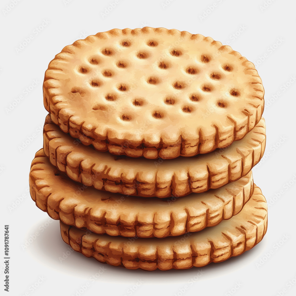 Poster stack of crunchy biscuit cookies with textured surface and golden brown color against a soft neutral