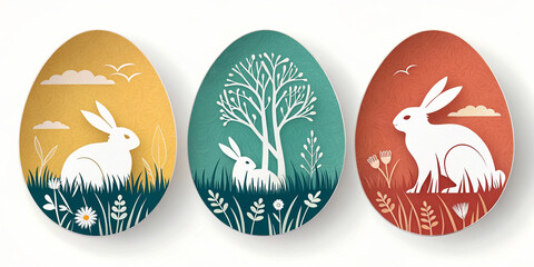 Easter bunny silhouettes on colorful egg backgrounds: nature and wildlife themed design