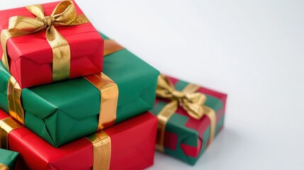 Obraz premium Festive card design with a stack of gifts in traditional red and green wrapping paper, tied with gold ribbons, set against a white background.