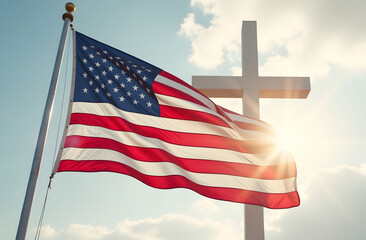 American flag waving near white cross
