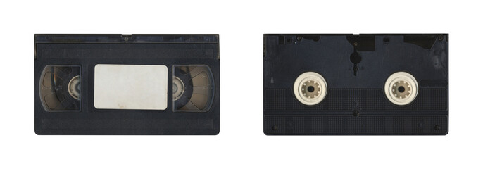 Set of VHS old cassette with front and back side, isolated video tape with clear area for mockup on...