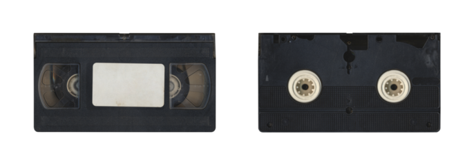 Set of VHS old cassette with front and back side, isolated video tape with clear area for mockup on transparent background in retro Y2K style