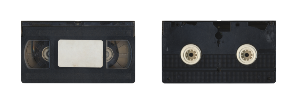 Set of VHS old cassette with front and back side, isolated video tape with clear area for mockup on transparent background in retro Y2K style