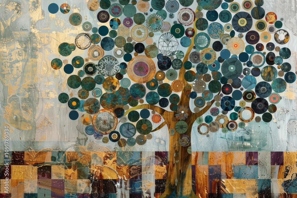 Aufkleber a large decorative tree displays colorful circular patterns against a textured background, blending 
