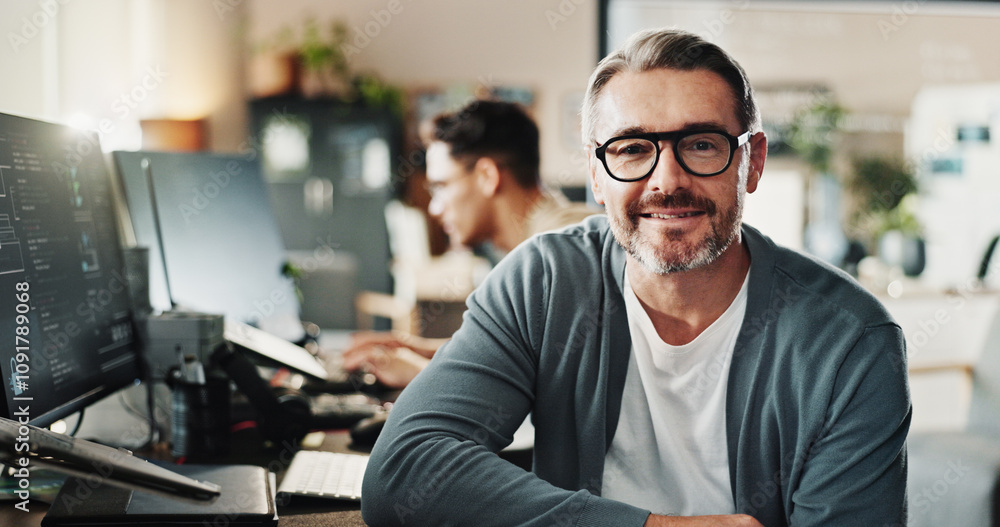 Poster Man, coder and glasses in office for portrait, website development and software engineering at tech. Mature programmer, smile and pride in agency for cybersecurity, programming and coding startup