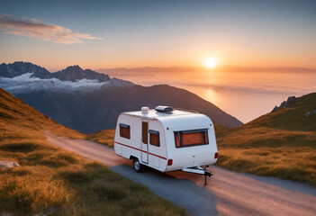 Obraz premium Caravan house trailer camping in mountain nature