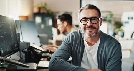 Man, coder and glasses in office for portrait, website development and software engineering at...