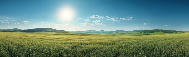 Fototapeta premium Grassy field with mountains in the distance and a bright sun