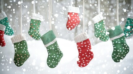 Festive Christmas card with a pattern of green and red mittens hanging from white strings, against a snowy backdrop.