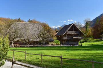 Old traditional wooden houses in open air museum Ballenberg in autumn. View of the Alps. Municipality of Hofstetten bei Brienz, canton of Bern, Switzerland.