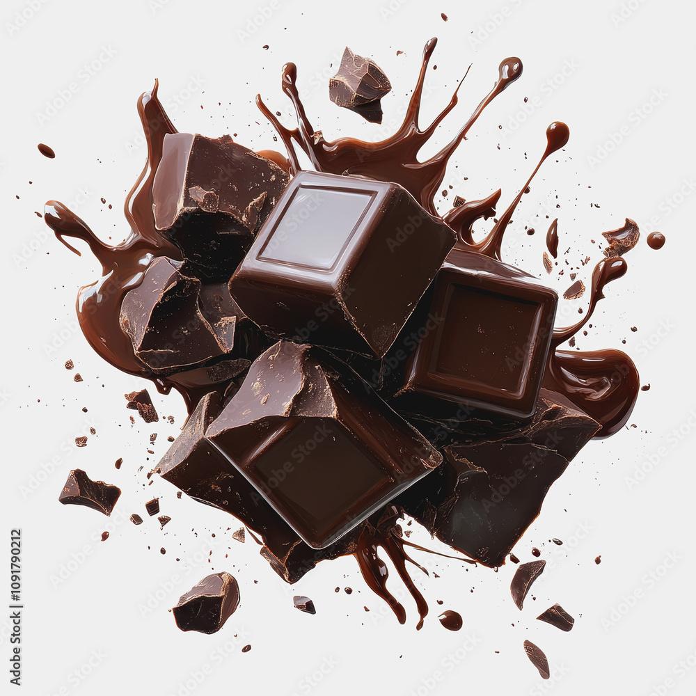 Poster rich dark chocolate chunks splattered with glossy cocoa dust and liquid chocolate, creating a visual