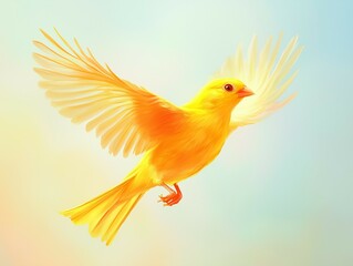 Obraz premium An illustration of a vibrant canary in mid-flight, with its wings fully extended and feathers detailed in shades of bright yellow and soft orange