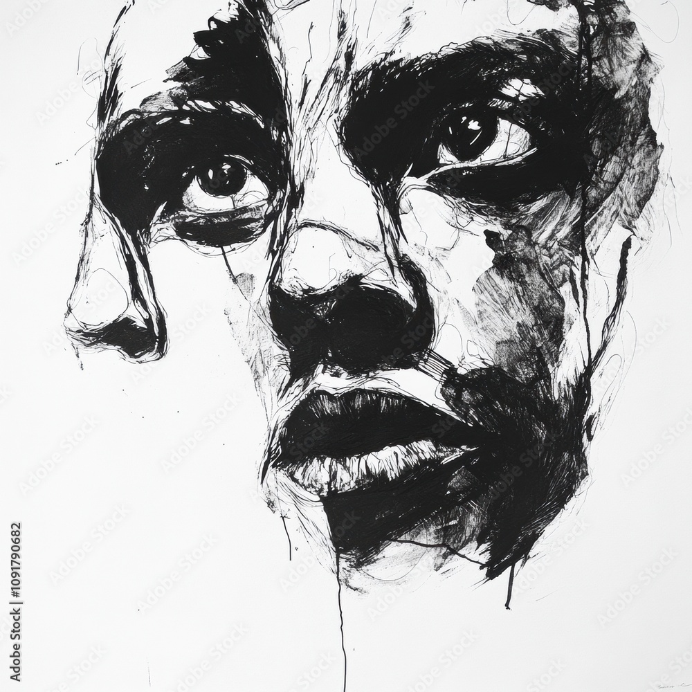 Poster a detailed ink portrait captures a face full of emotion, with strong shadows and expressive lines em
