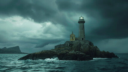 Perched on a rugged island, a solitary lighthouse rises defiantly against a backdrop of stormy skies, a testament to maritime resilience.