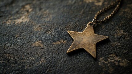 Worn metal star pendant on textured dark surface
