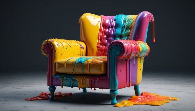 A surreal armchair molded from hardened drips of colored wax, Generative AI