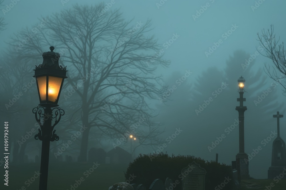 Aufkleber dense fog blankets an ancient cemetery as lanterns cast a soft glow, creating an eerie yet captivati