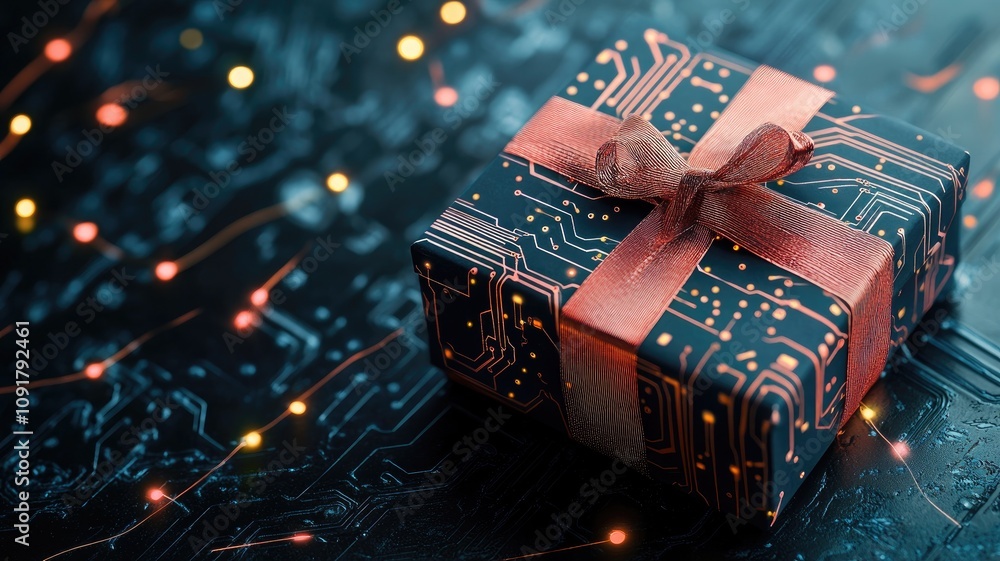 Poster wrapped gift with circuit board pattern and ribbon on tech-inspired background