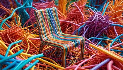 A vibrant chair sculpted from fused plastic straws in a chaotic arrangement, Generative AI