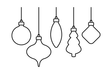 Different hanging Christmas tree toys. Black outline linear silhouette. Editable strokes. Horizontal front view. Vector simple flat graphic illustration. Isolated object on white background. Isolate.