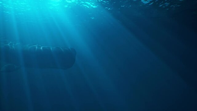 A group of sperm whales swim underwater