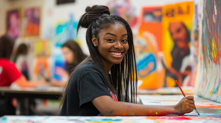 Smiling young artist painting in a colorful art classroom