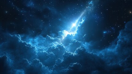 Obraz premium A breathtaking cosmic scene, showcasing a vibrant nebula illuminated by a radiant streak of light. The deep blues and contrasting brightness create a dramatic, otherworldly atmosphere.
