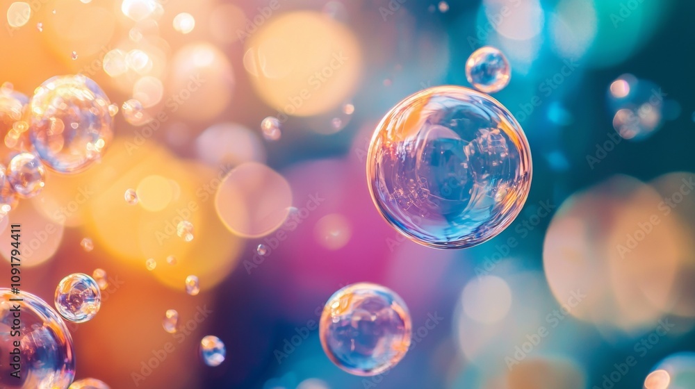 Poster colorful bubbles with bokeh effect in vibrant background