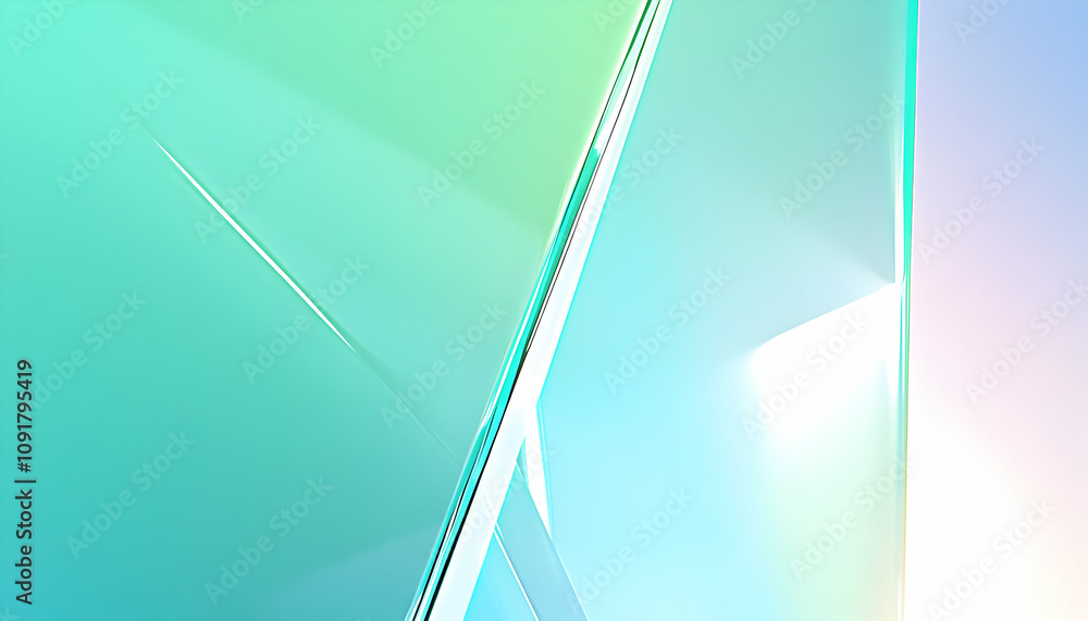 Poster abstract image of intersecting glass panels, showcasing a vibrant teal and pastel color gradient wit