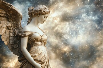 Naklejka premium Golden angel statue with wings extended against a backdrop of swirling nebulae and stars, symbolizing spirituality and the cosmos