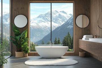Fototapeta premium Modern bathroom interior with bathtub and large window