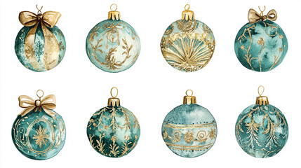 Watercolor set of elegant Christmas tree balls in teal and gold with intricate designs and bows, Merry christmas and Happy new year vector illustration isolated on white background.