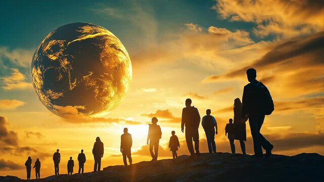 Silhouettes of people walk towards a large, luminous planet during a vibrant sunset