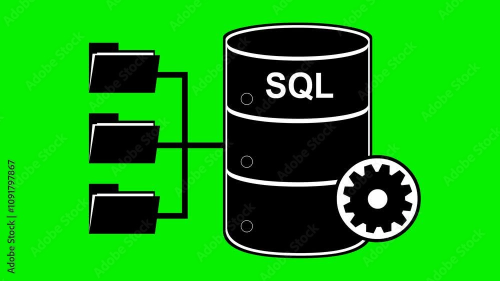 Poster video animation black and white icon sql database system, on a green chroma key background