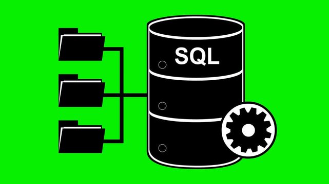 video animation black and white icon sql database system, on a green chroma key background