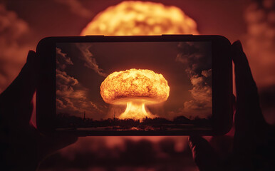 Person taking a picture of nuclear explosion. Mushroom cloud light on the dark sky. Smartphone screen with nuclear explosion. 