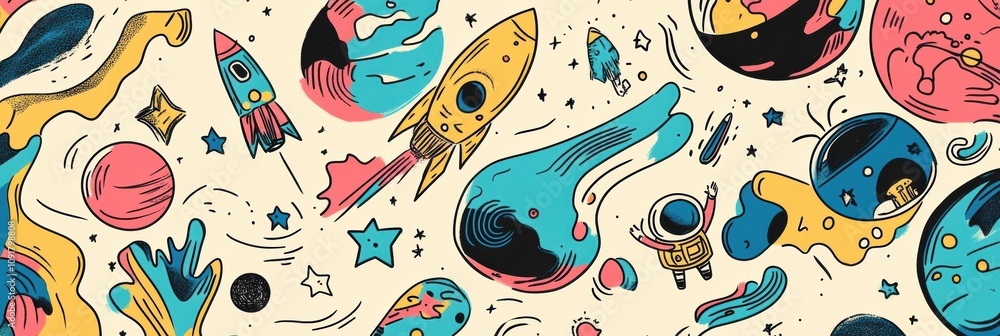 Poster colorful abstract drawings feature planets, stars, and astronauts, highlighting a playful exploratio