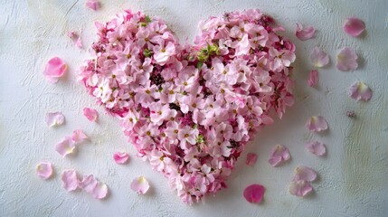 A delicate heart-shaped floral arrangement featuring pastel pink blossoms and tiny wildflowers, artistically placed on a textured white background with scattered petals for a romantic, whimsical touch