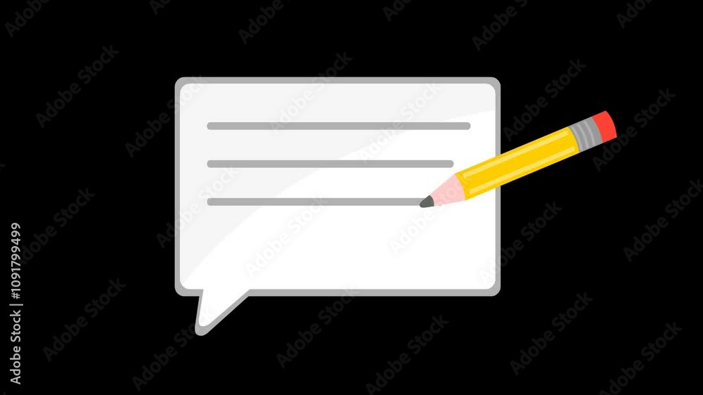 Poster video animation pencil icon writing message text in speech bubble, on a transparent background with 