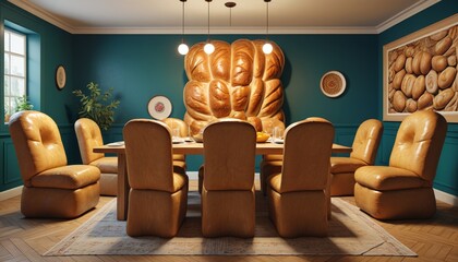 A quirky dining room with chairs carved from giant bread loaves, Generative AI.