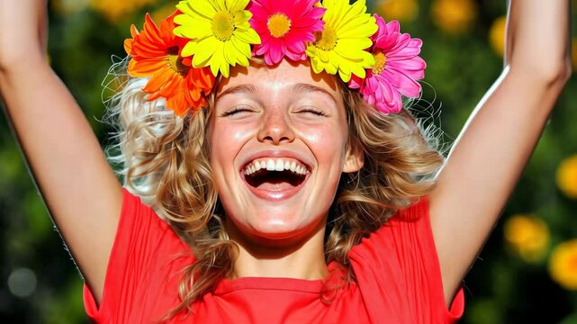 Joyful celebration with vibrant flower crown in sunny garden