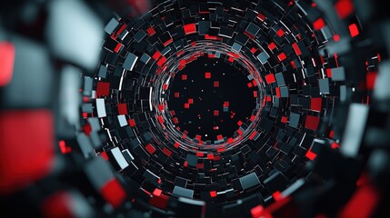 Geometric tunnel of red and black cubes dynamic abstract background with 3d depth and vortex perspective for technology and futuristic design concepts