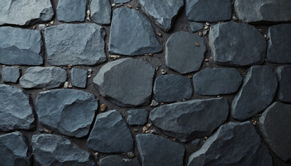 Fototapeta premium Rough stone wall with dark rocks and irregular shapes in a rugged design